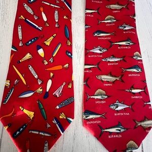 ALYNN NECKWEAR (2) 100% Silk Red NeckTies Fishing Tie Saltwater 3.5x60 VTG USA